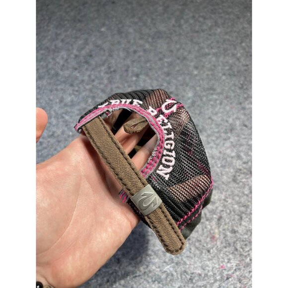pink, distressed True Religion brand jeans cap with embroidered wings and a logo True Religion World Cap Distressed Strapback Trucker Pink  main image 2